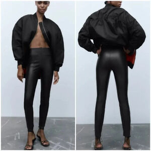 Zara, New, Black High Rise Vegan Leather Ankle Zip Legging Pants, Size Large